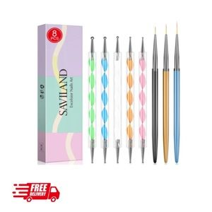 Saviland 8PCS Dotting Pen with Nail Art Liner Brush Set - 5PCS Double Ended Nail